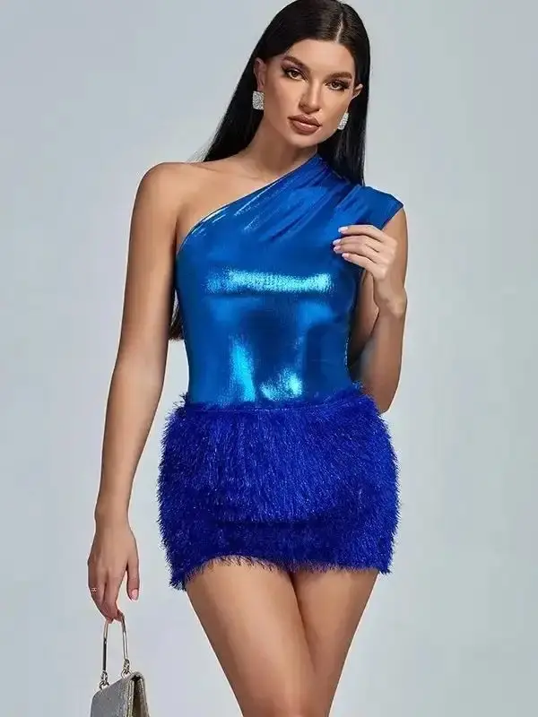 Flattering Slant Shoulder Bodysuit Feather Yarn Skirt Set, coordinated look, matching ensemble, effortless pairing, versatile piece, trending now, chic look, must-have style, wardrobe staple