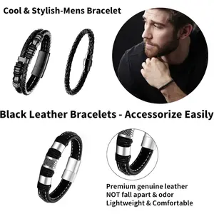Set of 5 Black Artificial Leather Bracelets for Men Women Bracelet Artificial Leather and Braided Cuff Bracelets