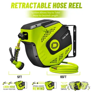 65FT Retractable Hose Reel Wall Mounted Garden Water Hose Reel Auto Rewind Heavy Duty with Nozzle