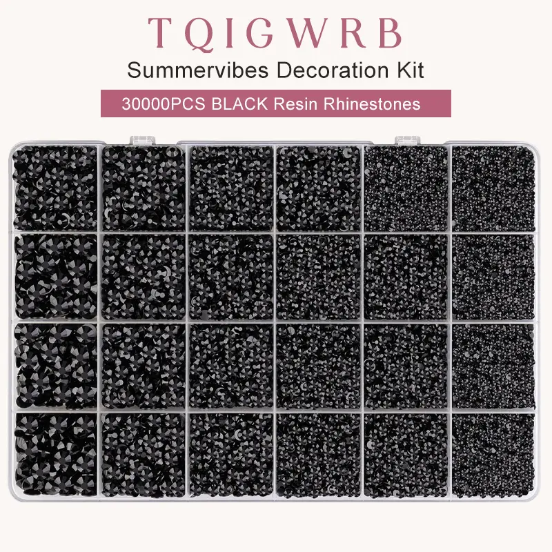 #Summervibes Black Resin Diamond Craft Set: 24 Grids (30,000 Diamonds),  Gifted Tools,  2,3,4,5,6mm Resin Flat Back Crystals for Craftings, Crafts, Clothes, Shoes, Nails