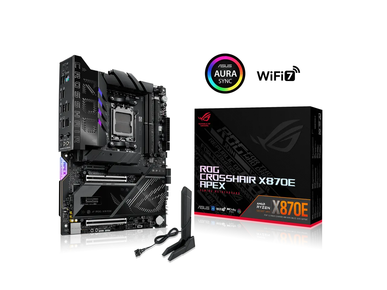 ASUS ROG CROSSHAIR X870E APEX AMD X870E AM5 ATX motherboard, Advanced AI PC-ready, 18+2+2 stages, DDR5, ROG Memory Fan, ROG DIMM.2 Card, Wi-Fi 7, 5G LAN, 3x M.2, PCIe® 5.0, USB4® , USB Type-C®, AI OC