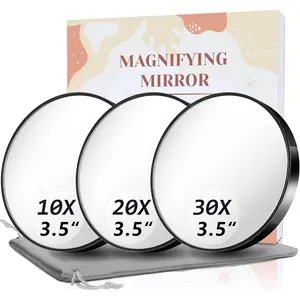 10X & 20X & 30X Magnifying Mirror Set, 3.5" Magnified Mirrors with Two Suction Cups, Compact Small Travel Magnifying Mirror with Portable Storage Bag, Black