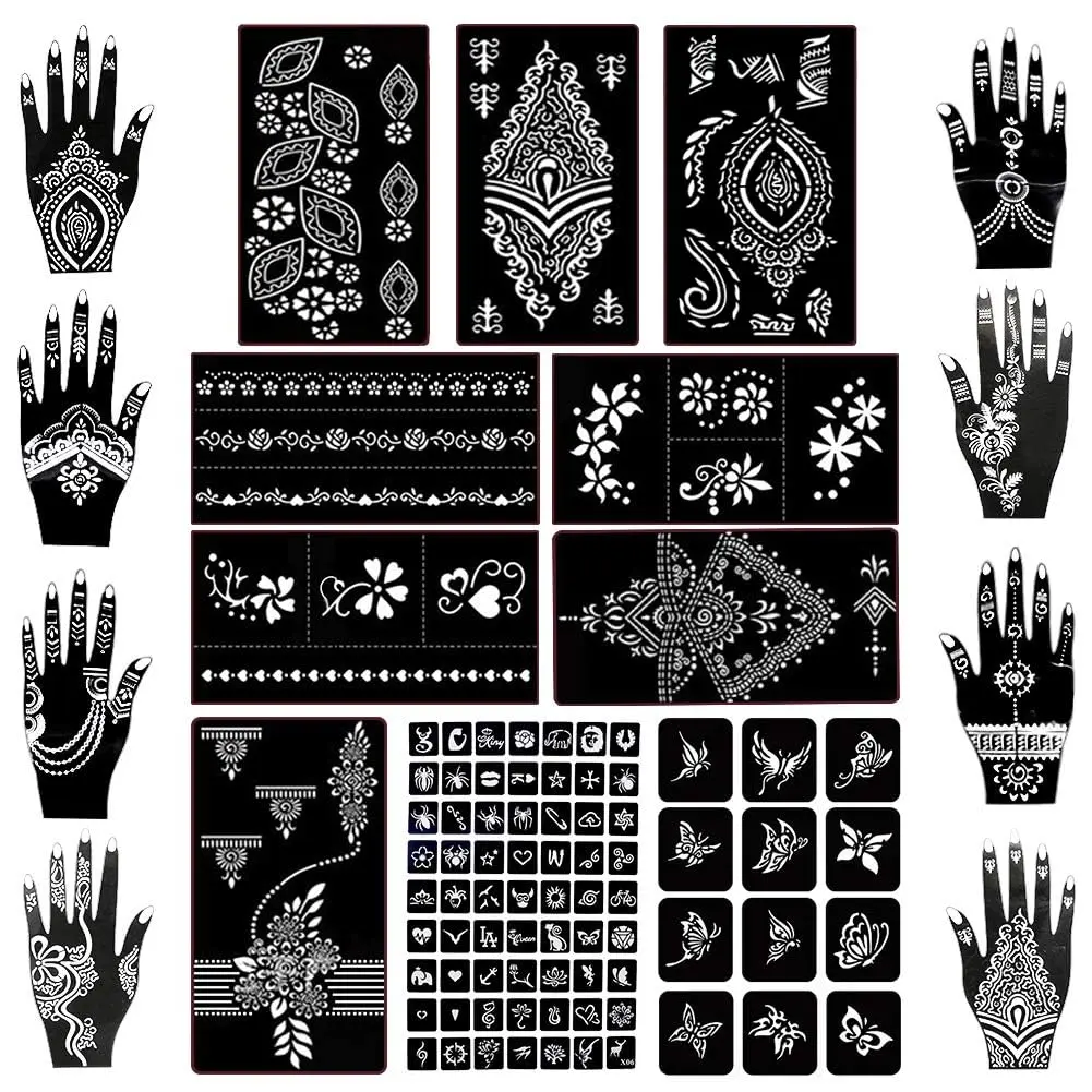 Henna Tattoo Stencil Kit, Reusable Mehndi Templates for Bridal Mehndi & Music Festivals — Indian Wedding, Bachelorette Party, Summer Body Art, Women