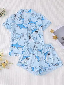 Women's Cartoon Shark Print Pajama Set, Short Sleeve Button Front Top & Elastic Shorts, Casual Home Wear, All Seasons Sleepwear