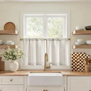Striped Linen Kitchen Curtains 20 Inches Tier Curtains Farmhouse Modern Cafe Style Small Window Treatments Airy Light Filtering Rod Pocket for Living Room Bathroom 2 Panels Taupe GreyGift