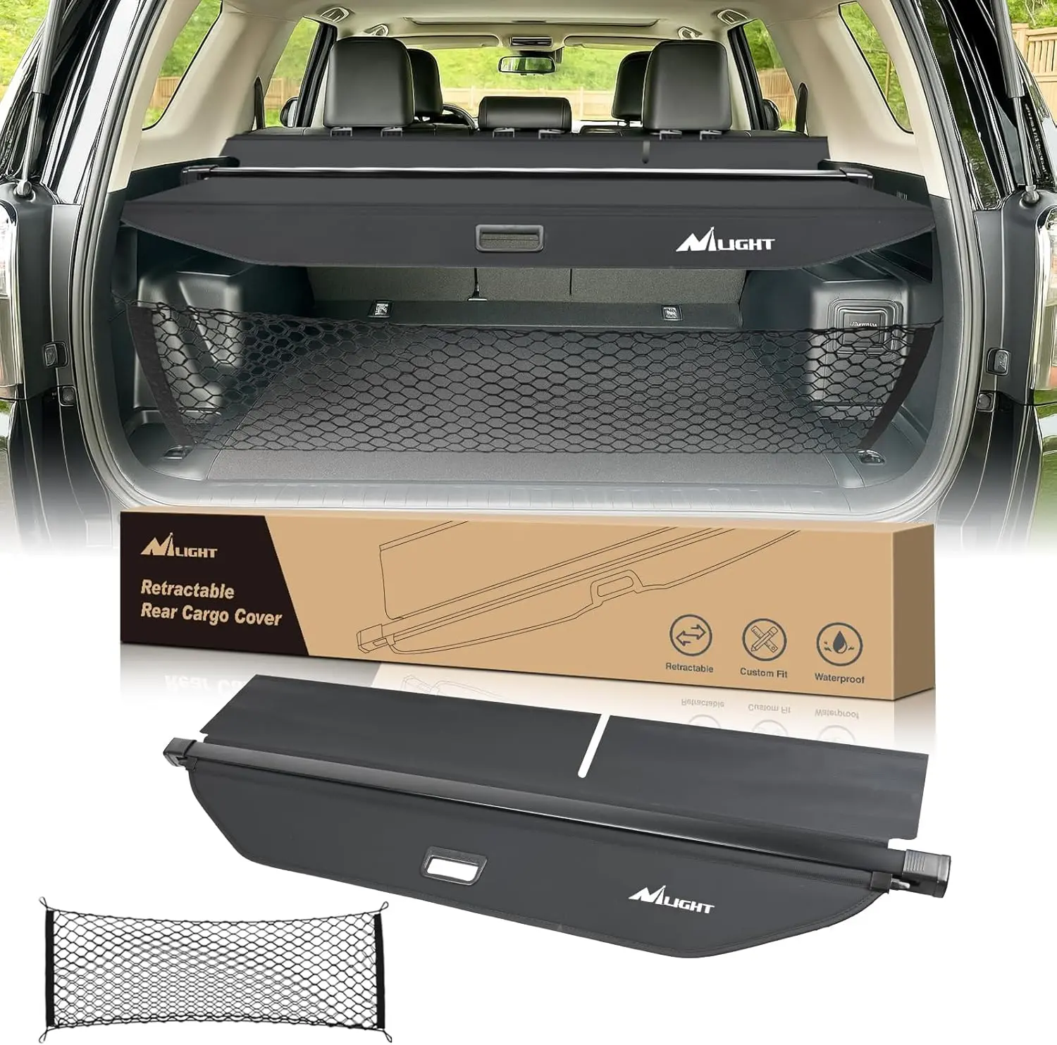 Nilight Custom Fit Retractable Cargo Cover for Toyota 4Runner 2010-2024, UV Resistant Car Covers & Shelters, Car Exterior Accessory with Snap-In Slot, Privacy Guard, Rear Trunk Security Shade, Sun Protection, Trunk Storage Net