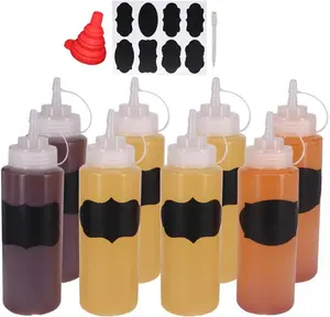 8 Pack 16-Ounce Plastic Squeeze Bottles for Food, Crafts, Art, Multi Purpose Set of 8 with extra 8 Chalk Labels and 1 Pen Silicone Organiser