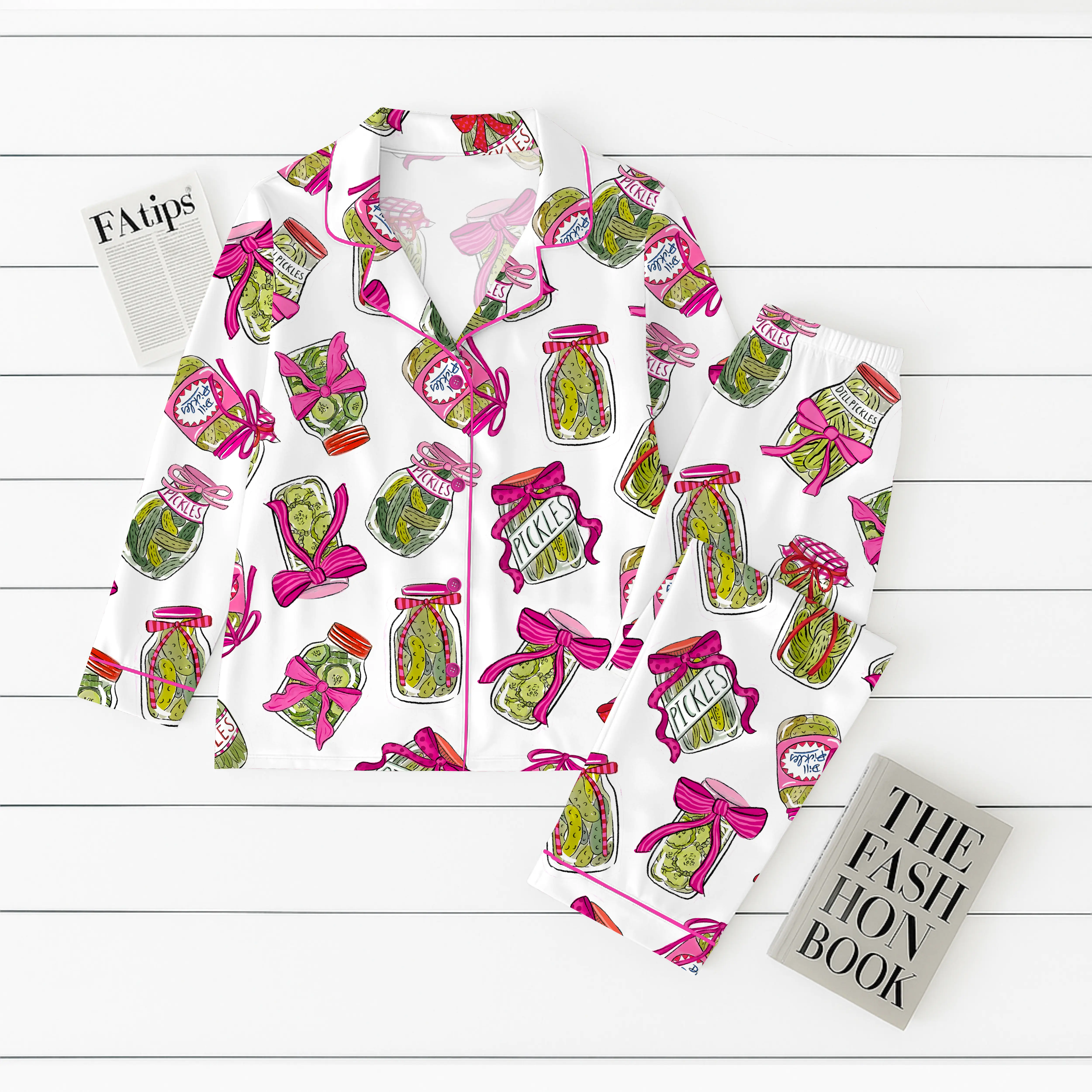Women’s Pickle Lover Pink Bows Pajama Set, Christmas Sleepwear Gifts Nightwear Pajama Satin Long Pants, Noel Santa Gift For Her