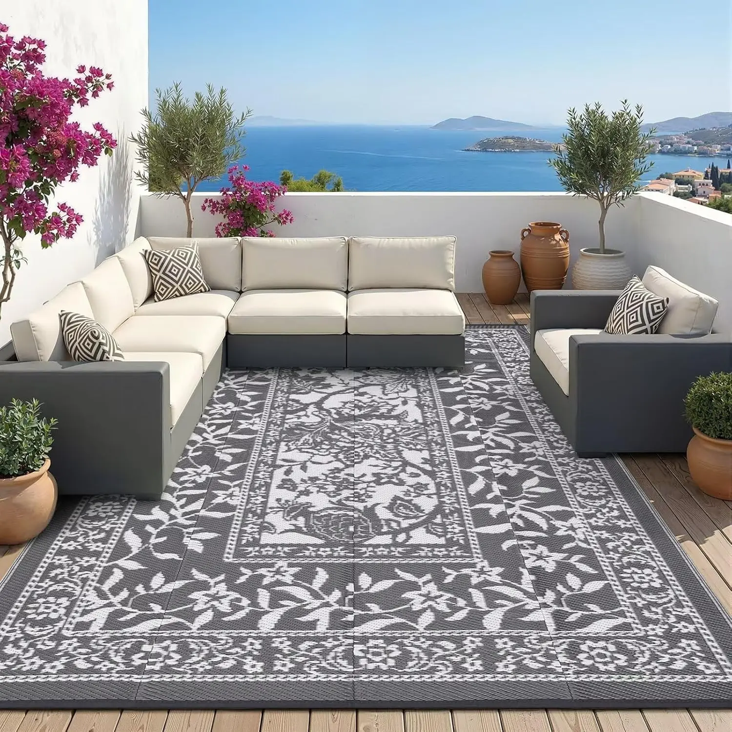Outdoor Rug , Waterproof Reversible Foldable Plastic Straw Rug, Botanical cottagecore Outdoor Rugs Patio Camping RV Carpet for Deck Camper Porch Balcony Backyard Picnic Beach
