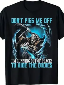 Plus Size Men'S Graphic Tee Featuring The Phrase "Don'T Mess with Me, I Have Nowhere to Hide" with a Striking Skull And Lightning Motif.This Breathable Short-Sleeve Shirt Embodies Retro Street Style, Perfect for Casual Wear in Spring, Summer