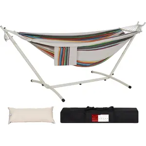 LazyDaze Hammocks Double Hammock with Stand - 2 Person Heavy Duty Outdoor Hammock for Adults, Includes Durable Steel Stand, Portable Carrying Bag and Pillow, Rainbow Stripes