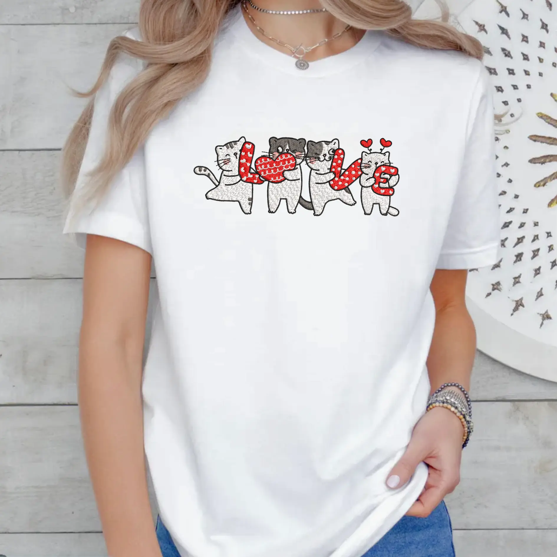 Gildan Embroidered Cat Love T-Shirt, Cute Kawaii Kitty Graphic Tee, Valentine Heart Design, Cat Lover Gift, Soft Cotton Unisex Shirt