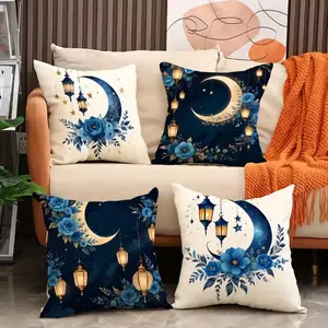 4-Piece Moon Lantern Flower Pattern Ramadan Decorative Pillow Covers, Room Cozy Accessories, 45x45cm, Short Plush Material, Hidden Zipper, Indoor Outdoor Use