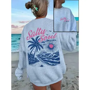 Sunset Palm Tree Graphic Oversized Crew Neck Long Sleeve Casual Hoodie For Women, Back To School