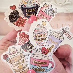 8 Hot Cocoa Mug Book Tropes Reading Book Lover - Waterproof Glitter or Glossy Stickers 2.75" Size Customizable for Kindle Book or Tablet Durable Stylish Design