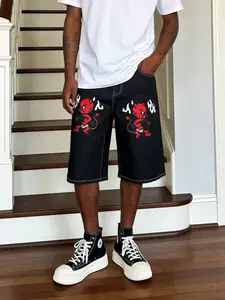 American High Street Flame Demon Print Denim Five-Quarter Pants, Dark Loose Straight Tube Mid-Thigh Jeans for Men