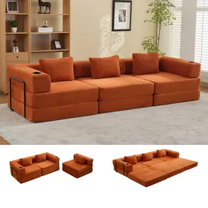 QAK Combination Modular Floor Sofa Bed with Two Cup Holders High-Quality Corduroy Fabric Free Combination Design Premium Sponge Padding Multifunctional for Small Spaces Living Room Mattress