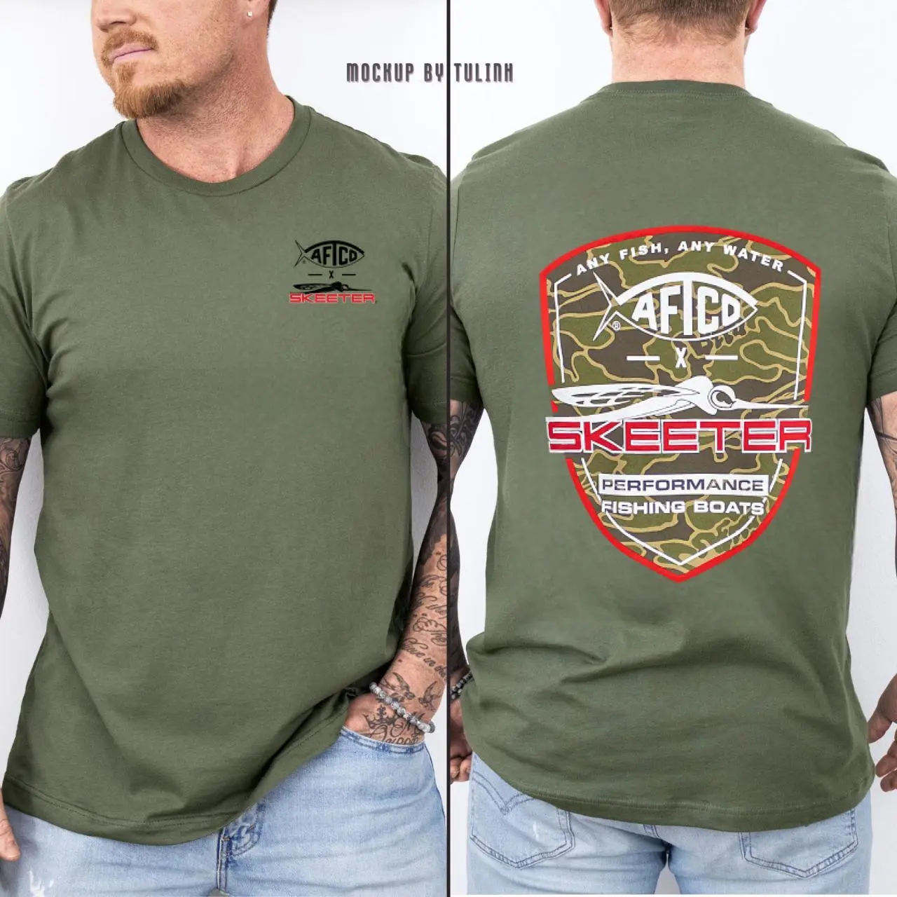 AFTCO x Skeeter Fishing T-Shirt - Camo Shield Logo & Bass Boat Graphic Tee - "Any Fish, Any Water" Coastal Unisex Shirt