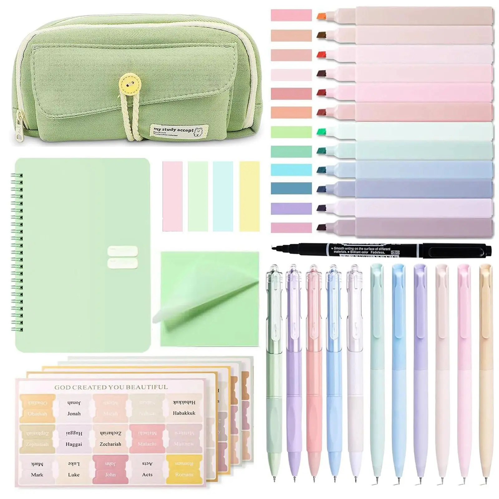 Bible Journaling Kit, 1 Set Including Highlighters & Pens & Bible Tabs & Sticky Notes & Pencil Case & Notebook, School Journal Study Supplies, School Bundle, Student Essentials