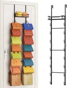 Over The Door Purse Organizer - Wall Mounted Purse Rack with 16 Hooks and Metal Basket, Handbag Hanger Organizer Holds up to 16 Bags, Can Split into 1/2 Part, for Door and Closet