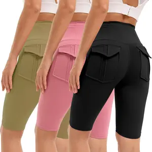 3 Pieces Women's High-waisted Gym Shorts with Pockets , Super Soft Tummy Control No See Through Workout Running Yoga Athletic Shorts Pants