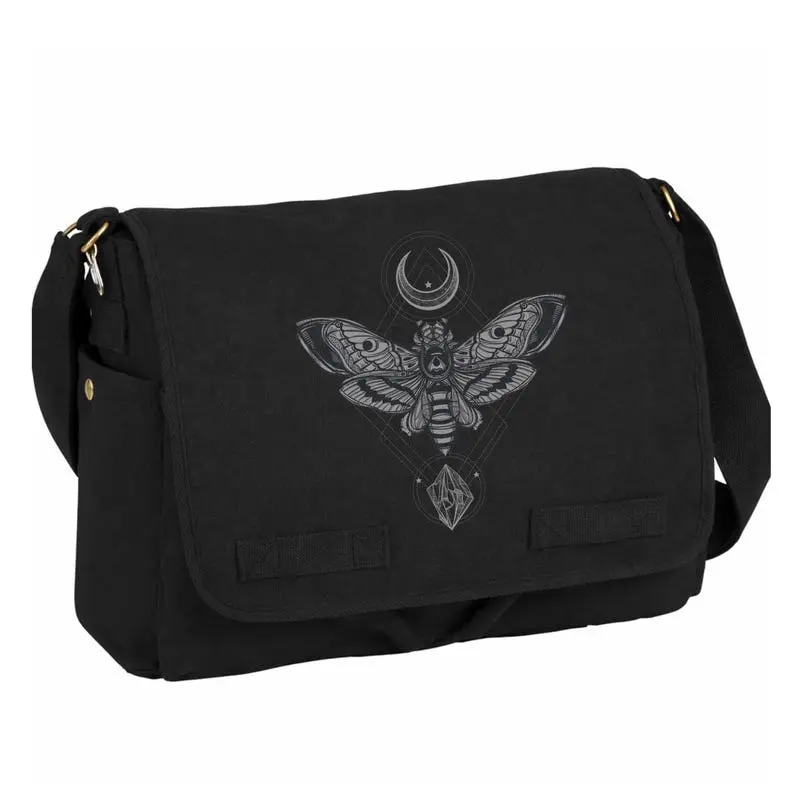 Black Canvas Messenger Bag - Moth, Moon and Rock Print - Unisex Vintage Crossbody Shoulder Bag