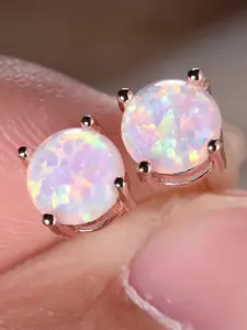 Round Stone Earrings for Women, Pink, White, Blue, Green Synthetic Opal, Rose Gold Color, Minimalist Engagement Gifts, Wedding Jewelry, 6mm
