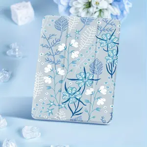 This blue floral patterned, foldable, non-slip TPU protective case features an adjustable stand and pen slot, and is compatible with Samsung S7, S8, S9, S9FE, iPad mini, iPad Air, iPad Pro/iPad 10th and 11th generation models.