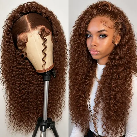 Bling Hair Brazilian 4# Chocolate Brown Human Hair Curly Lace Front Wig, 13x4-13x6 HD Lace, 180 Density Deep Wave, Pre-Plucked, Burmese Texture, No Synthetic Fibers, #SohoChic#tiktokshopstockup