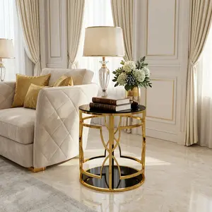 19.7 Inch Luxury Gold Round Side & End Table, Modern Glam Tempered Glass Top with Lower Storage Shelf, Sturdy Metal Frame Accent Furniture, Compact Versatile Decor for Sofa Side, Bedroom, Apartment and Small Indoor Spaces