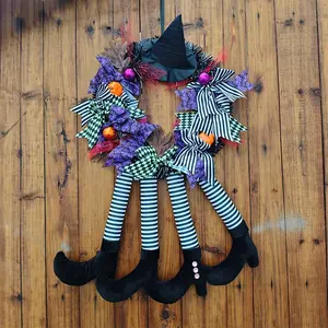 Halloween Family Party Wreath, 4-Leg Witch Wreath, Witch Door Hanging Wreath