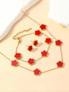 4-piece stainless steel five petal flower matching jewelry set, 1 necklace+1 bracelet+2 earrings, women's elegant and fashionable jewelry
