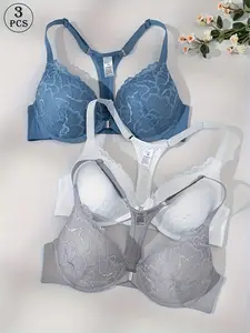 2026 New Women's Underwear Lace Push-Up Bra Set, Feminine Sexy Backless Design, Front Buckle Closure, High Support Wireless, Solid Color, Non-Removable Pads