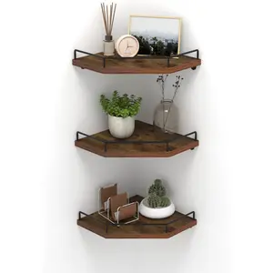 Floating Corner Shelf Wall Mount, 3 Pack Rustic Wood Corner Wall Shelves with Fence for Bedroom, Bathroom, Kitchen, Living Room, Brown
