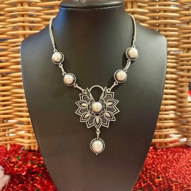 Pearl Gemstone Set Necklace & Earrings On 925 Sterling  Silver
