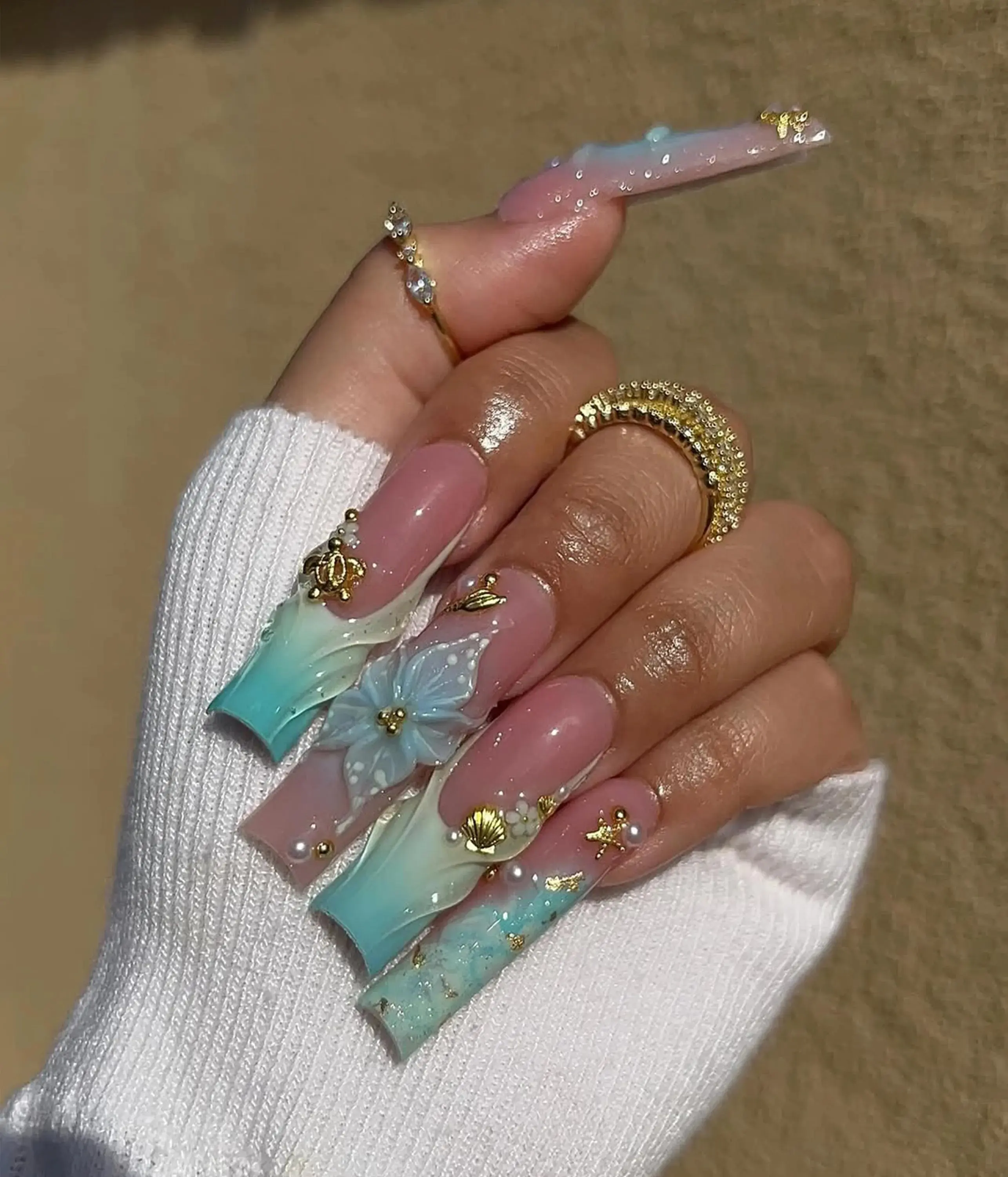 AngieNails – Blue Ocean Summer Press On Nails | Aqua Blue Ombre Beach | 3D Floral Shell Art | Summer Luxury Press Ons | Sea-Inspired