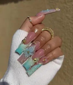 AngieNails – Blue Ocean Summer Press On Nails | Aqua Blue Ombre Beach | 3D Floral Shell Art | Summer Luxury Press Ons | Sea-Inspired