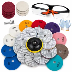 20 Pack 4 Inch Diamond Polishing Pads Kit, Wet/Dry Granite Marble Concrete Quartz Stone Polishing Pads with 5/8"-11 Backer Pad, 50-6000 Grit Pads, Wool Felt Pads, Gloves, Goggles