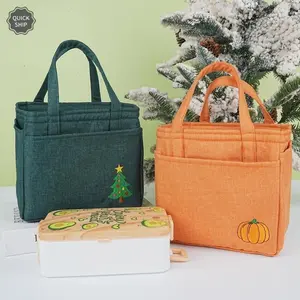 Hand Embroidered Pumpkin Christmas Tree Insulated Lunch Bag, Drawstring Canvas Lunch Bag for Winter,Xmas Gifts