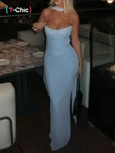 Strapless Formal Evening Dress Bodycon Maxi Gown Satin Look Slim Fit Split Hem High Slit Dress Backless Sleeveless Night Out Ruched Waist Dinner Outfit Mermaid Cut Halter Neck Design, Slit