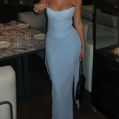 Strapless Formal Evening Dress Bodycon Maxi Gown Satin Look Slim Fit Split Hem High Slit Dress Backless Sleeveless Night Out Ruched Waist Dinner Outfit Mermaid Cut Halter Neck Design, Slit Party Evening Wear