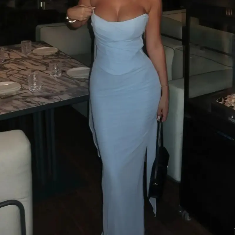 Strapless Formal Evening Dress Bodycon Maxi Gown Satin Look Slim Fit Split Hem High Slit Dress Backless Sleeveless Night Out Ruched Waist Dinner Outfit Mermaid Cut Halter Neck Design, Slit Party Evening Wear