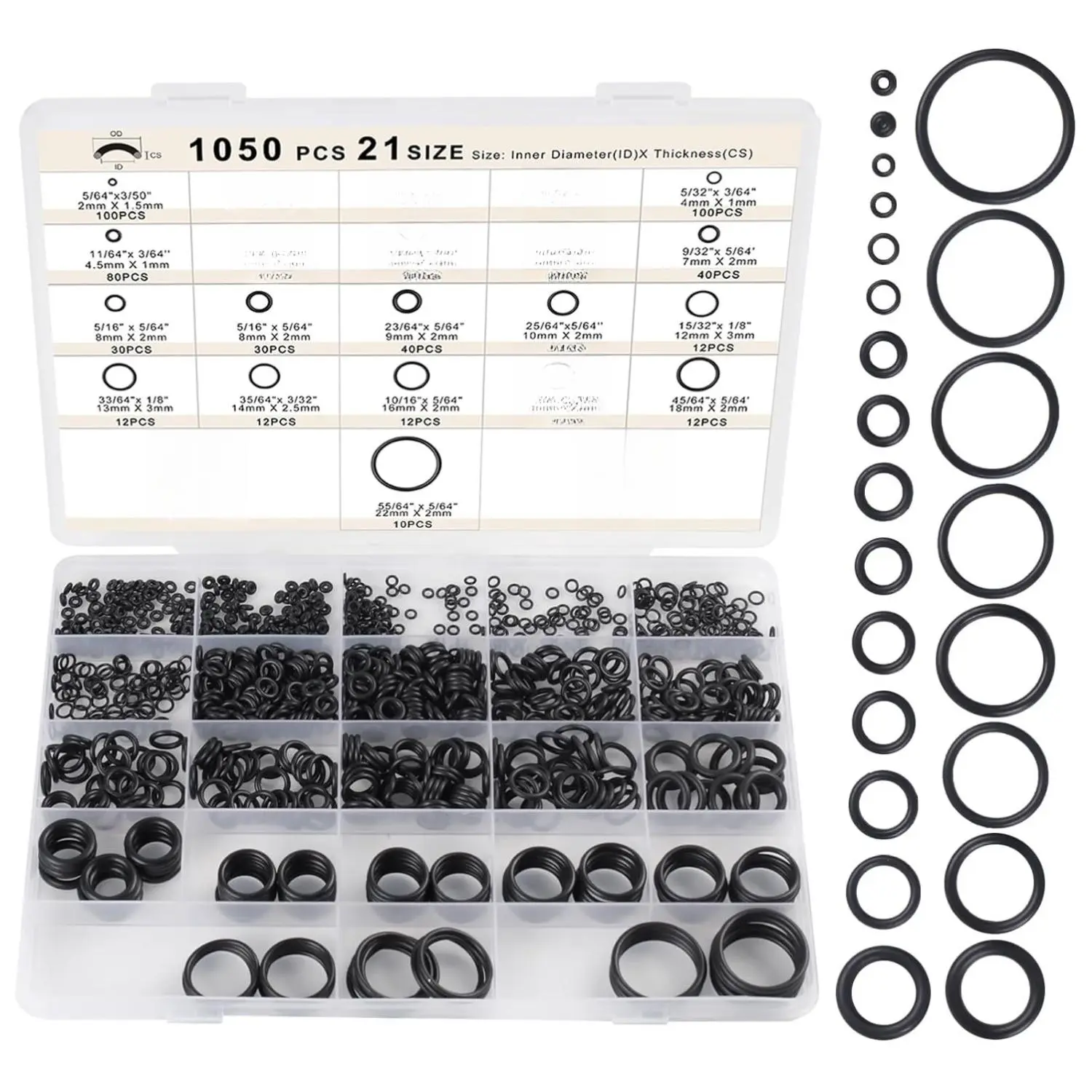 1050PCS O-Ring Kit, 21 Metric Sizes, Nitrile Rubber, Oil & Heat Resistant for Auto & Plumbing