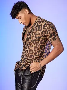 Men Lapel Collar Leopard Button Up Going Out Sexy Shirt, Boyfriend Gift