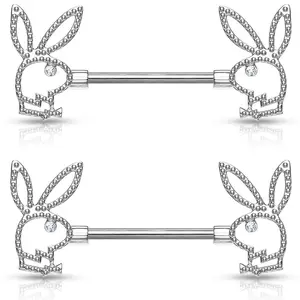 Playboy Bunny with CZ Crystal Eye Nipple Barbells - Pair - 316L Stainless Steel
