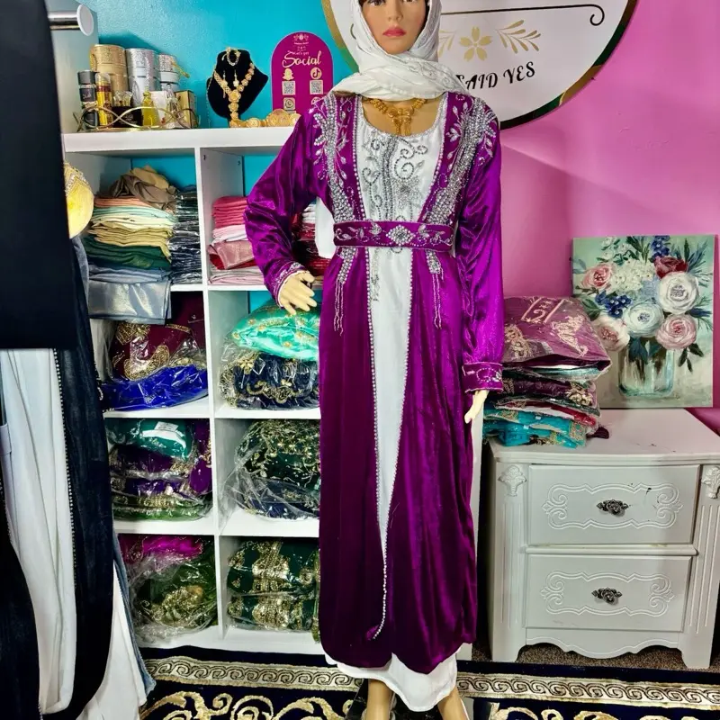 Muslim Luxury Crystal Velvet Abaya with Luxurious Belt, Inner Chiffon Dress & Stylish Chiffon Scarf, Elegant Design-purple
