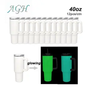 US warehouse 12pcs 40oz steel sublimation white to green blue glow in the dark tumbler drinkware flask with handle for party Halloween