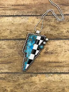 Bea-Checkered and Turquoise Mixed Gemstone Lightning Bolt Pendant/Necklace