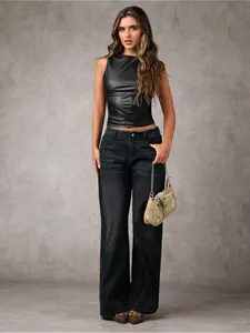 Women's Y2K Style Leather Sleeveless Vest Top, Fitted, Fashionable Spring Summer Fall Wear, Casual & Stylish Design, Perfect for Daily, Casual Comfy Vest