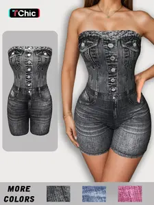 Women's Denim-effect Print Tube Romper, Casual Strapless Skinny Romper for Daily Outdoor Wear, Ladies Clothes for Summer